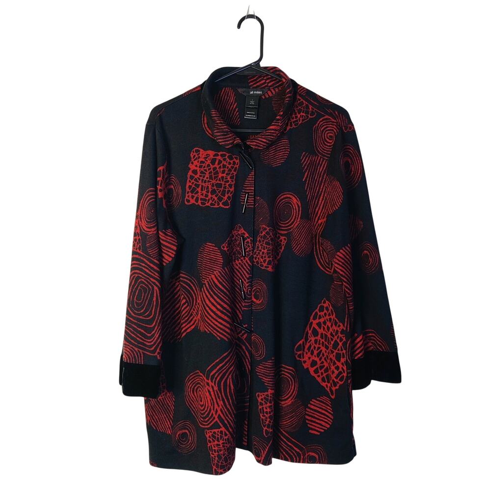 Ali Miles Black & Red Art to Wear Knit Abstract Cardigan Jacket Large Lagenlook